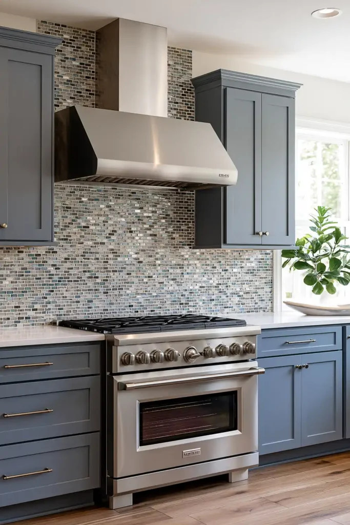 Glass Tile Backsplash Kitchen Ideas for Color, Texture, and Shine 19 Kitchen with turquoise and aqua glass mosaic backsplash, pale blue-gray cabinetry, stainless steel range, and bright window light.