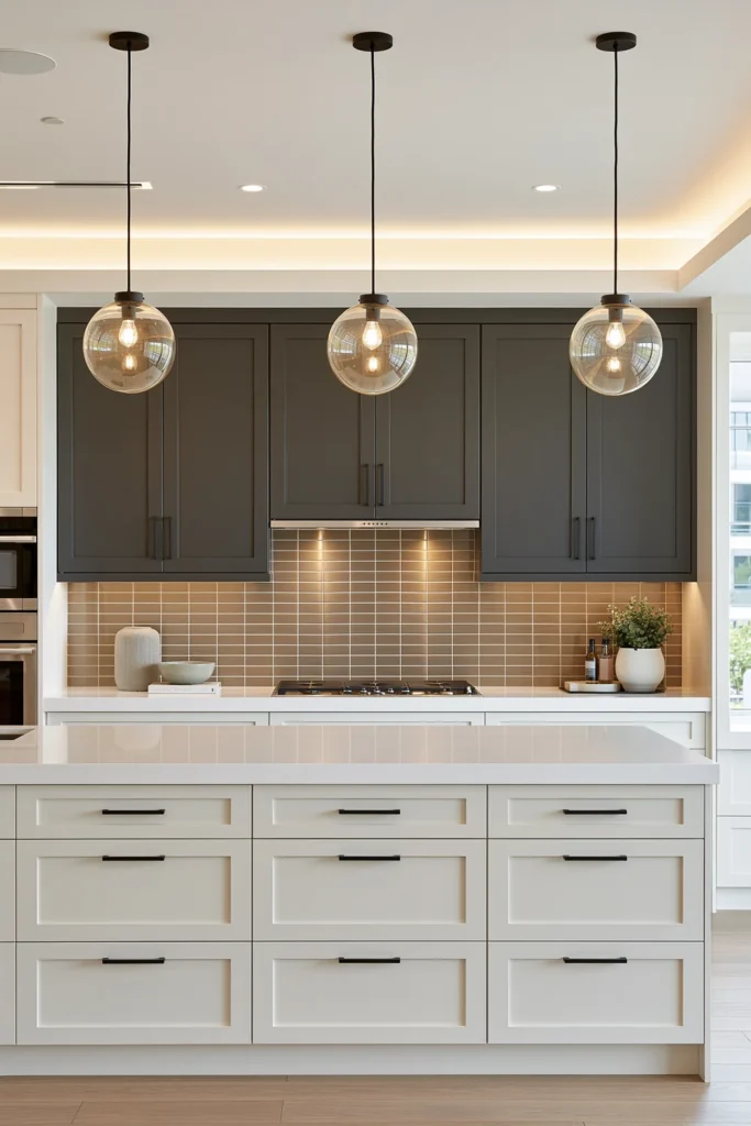 29 Neutral Kitchen Cabinet Ideas for a Calm, Timeless Kitchen 30 Two-tone kitchen with white lower cabinets, charcoal upper cabinets, white quartz counters, copper backsplash, and amber globe pendants.