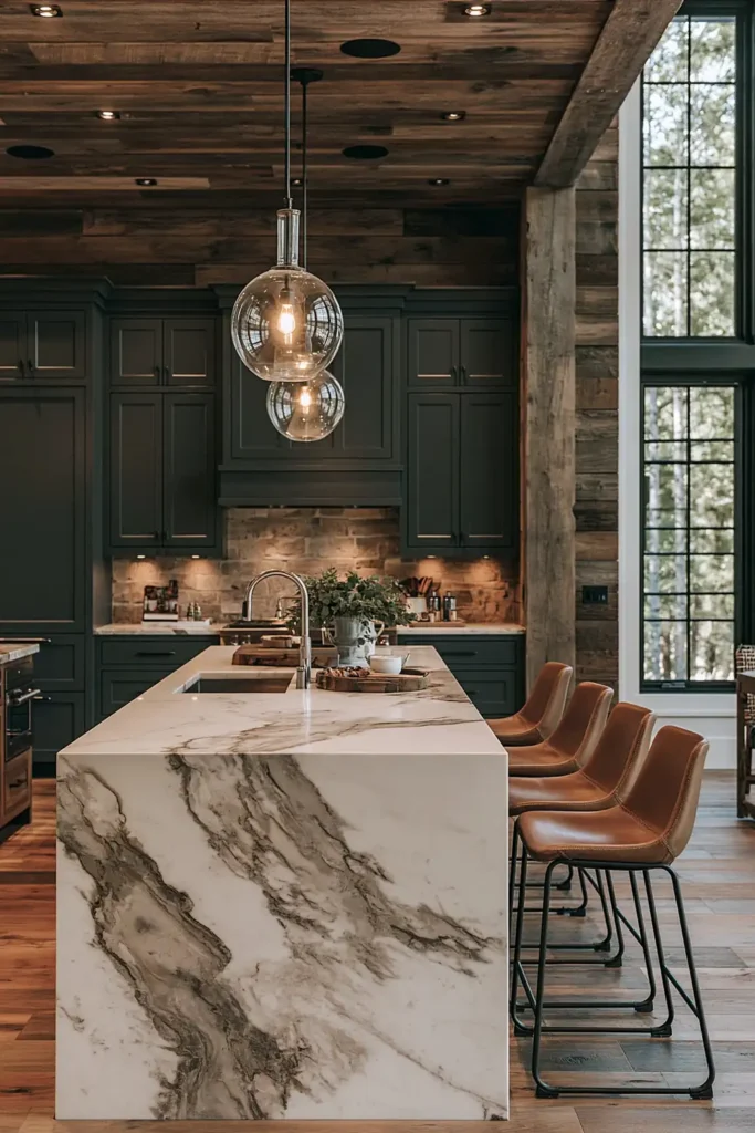 29 Barndominium Kitchen Designs for Rustic, Modern, and Timeless Spaces 28 Ultra-modern barndominium kitchen with a dramatic veined waterfall island, charcoal cabinetry, leather stools, reclaimed wood walls, and black-framed windows.