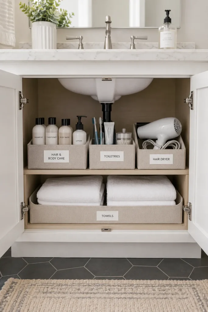 21 Guest Bathroom Decorating Ideas for a Friendly Space 13 Organized under-sink guest bathroom storage with toiletries, folded towels, toothbrushes, and a hair dryer.