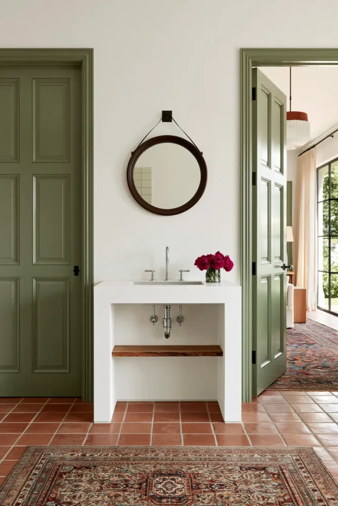 20 Bathroom Shelf Styling Ideas for Beautiful, Practical Storage 18 White open bathroom sink console with a natural wood shelf, exposed plumbing, vivid green trim, pink flowers, and terracotta floor tiles.