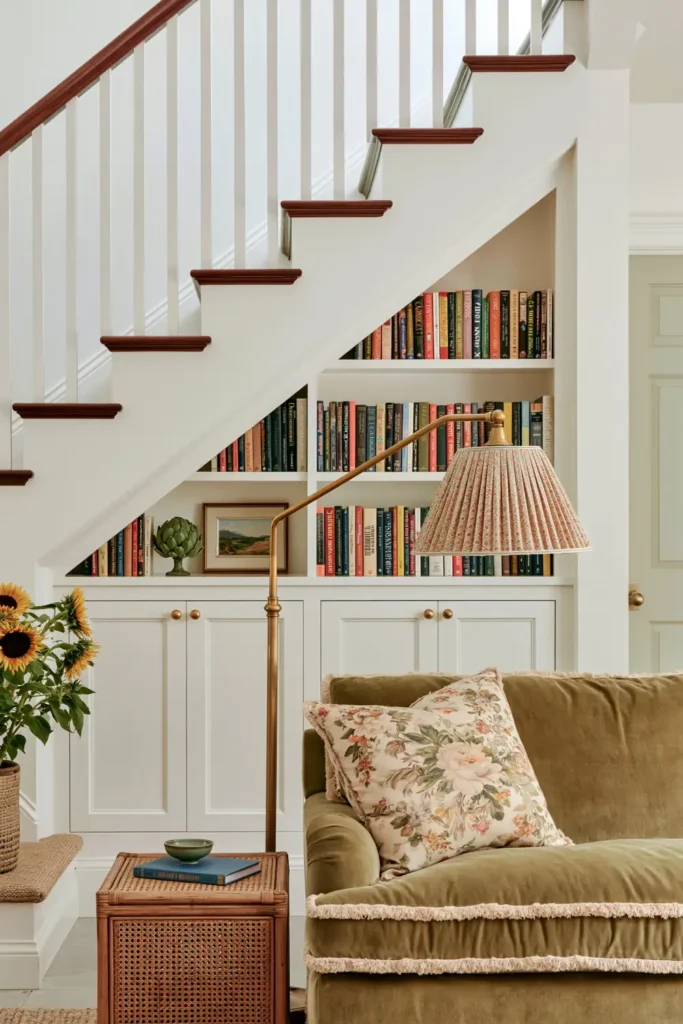 23 Living Room Bookshelf Styling Ideas for a Beautiful, Collected Space 24 Under-stair library with white bookshelves, colorful books, a chartreuse velvet sofa, brass swing-arm lamp, rattan table, and sunflowers.