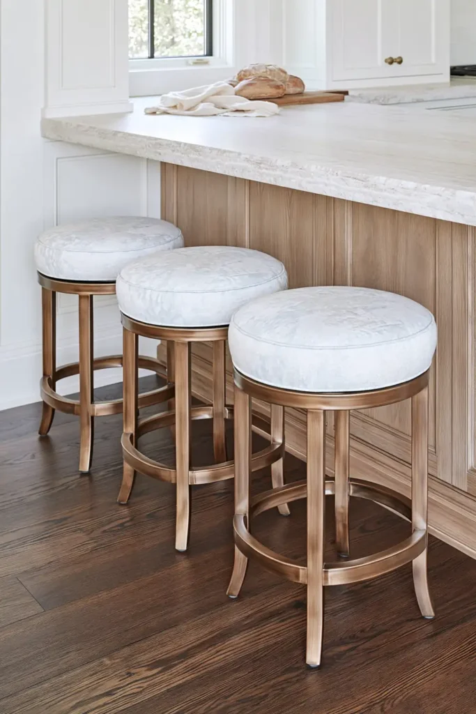 9 Blue and White Kitchen Remodel Ideas with Cozy Gold Accents 7 Three pale blue-gray upholstered counter stools with brushed-gold metal frames beside a warm oak kitchen island and pale stone countertop.