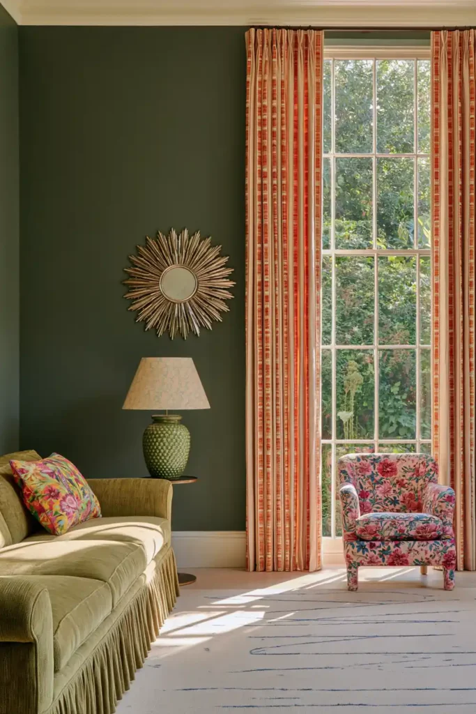 20 Best Living Room Color Combinations for a Warm Feel 17 Vibrant green living room with a chartreuse sofa, pink floral armchair, striped peach curtains, and a sunburst mirror.