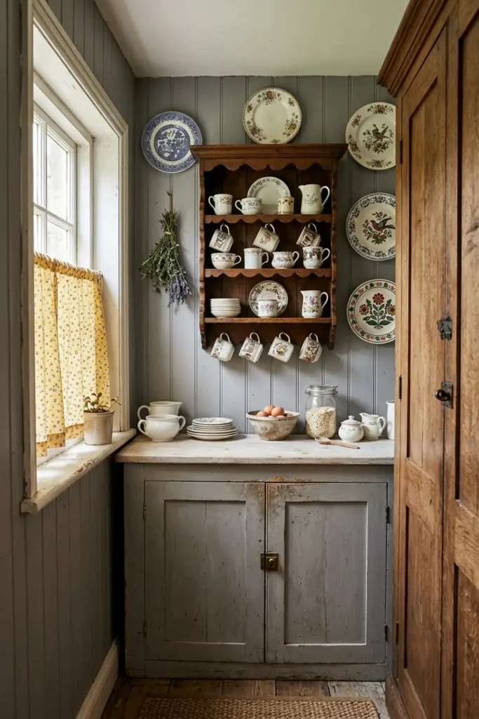 15 Butler’s Pantry Ideas for a Stylish, Functional Space 11 Vintage gray pantry nook with a scalloped wall rack, decorative plates, yellow cafe curtain, white crockery, and aged wood details.