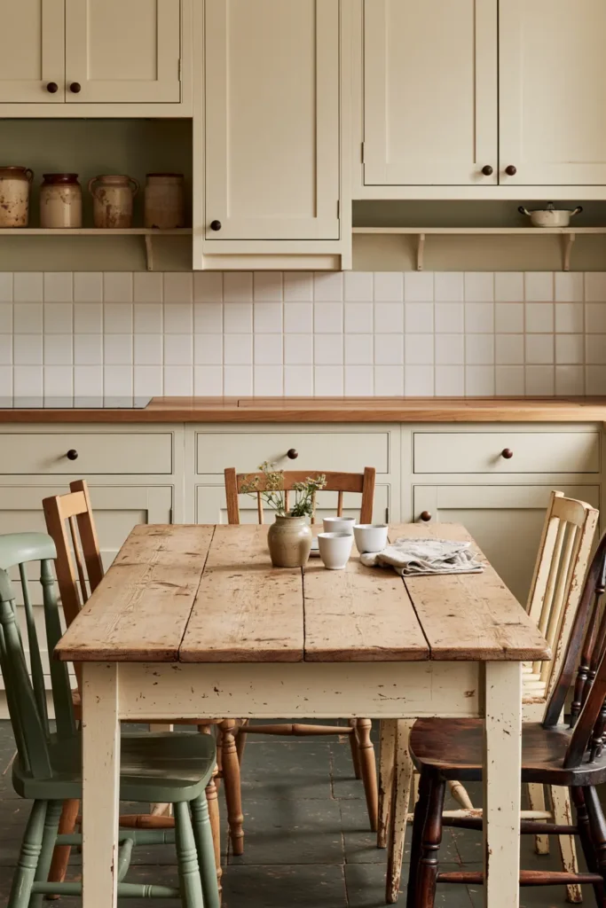 How to Create a Warm Kitchen That Feels Like Home: 18 Warm and Welcoming Ideas 13 Worn vintage kitchen table surrounded by mismatched wooden chairs in a cozy collected cottage dining area.