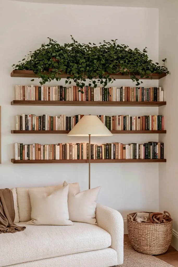 23 Living Room Bookshelf Styling Ideas for a Beautiful, Collected Space 4 Warm reading corner with walnut floating shelves, neutral books, trailing greenery, ceramic decor, a cream seat, and soft amber lighting.