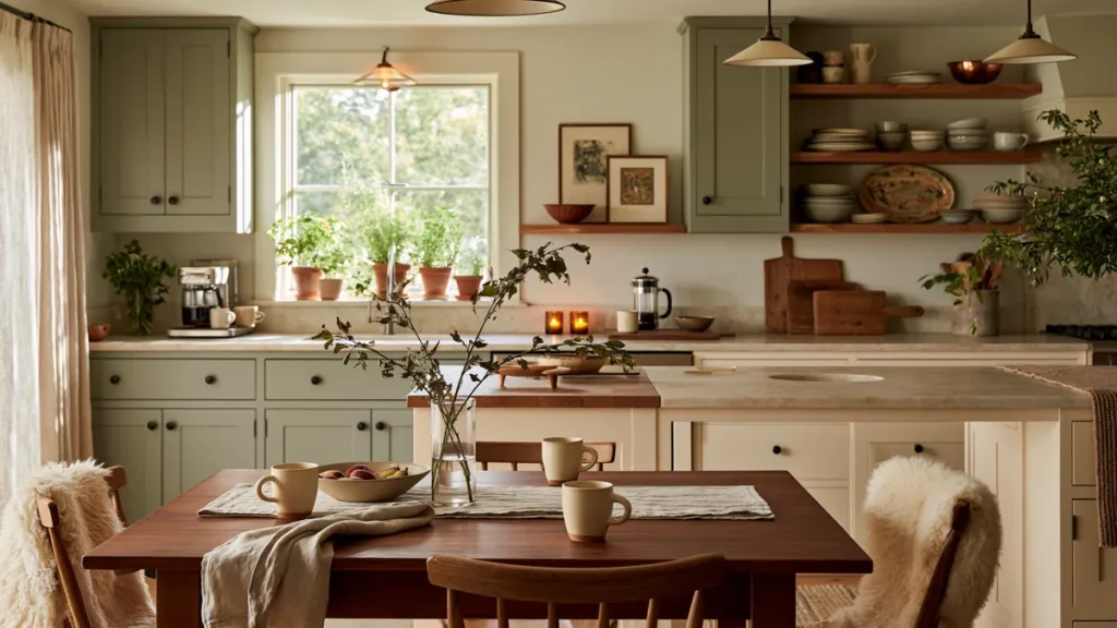 How to Create a Warm Kitchen That Feels Like Home: 18 Warm and Welcoming Ideas 20 cozy kitchen ideas
Warm lived-in kitchen with wooden dining furniture, sage and cream cabinets, open shelves, herbs, soft textiles, personal decor, and layered lighting.