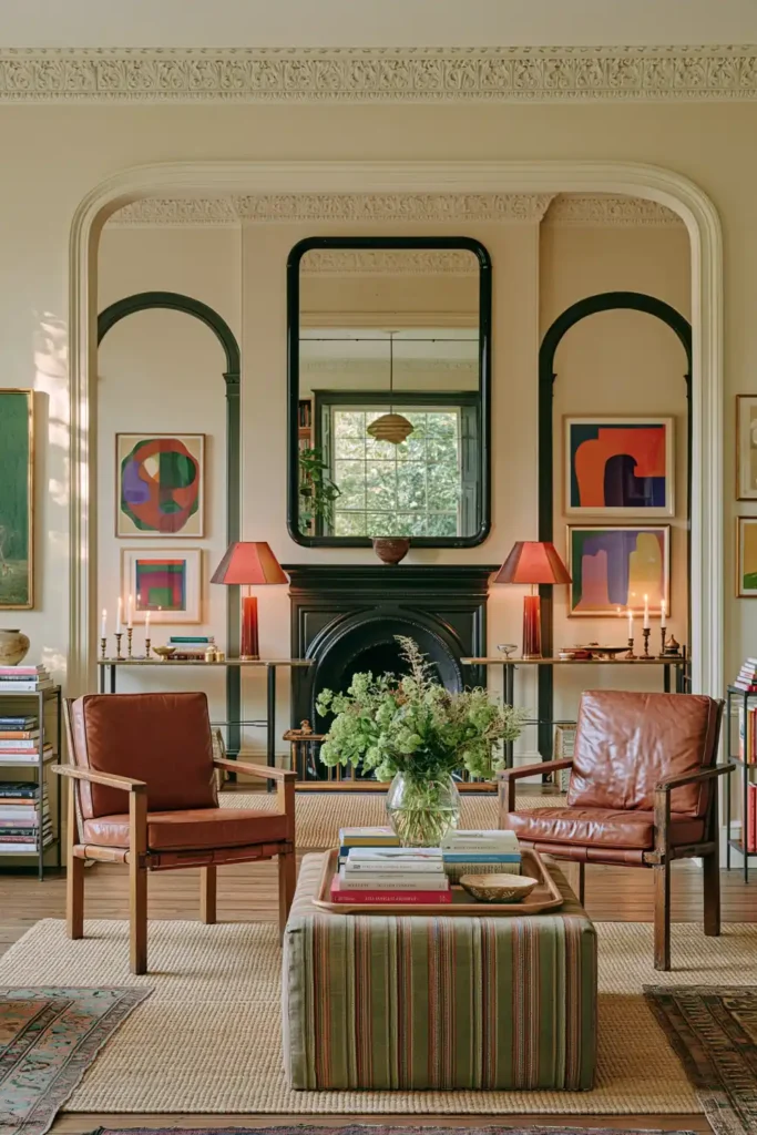 20 Best Living Room Color Combinations for a Warm Feel 4 Warm cream living room with reddish-brown leather chairs, black fireplaces, colorful artwork, striped upholstery, and layered rugs.