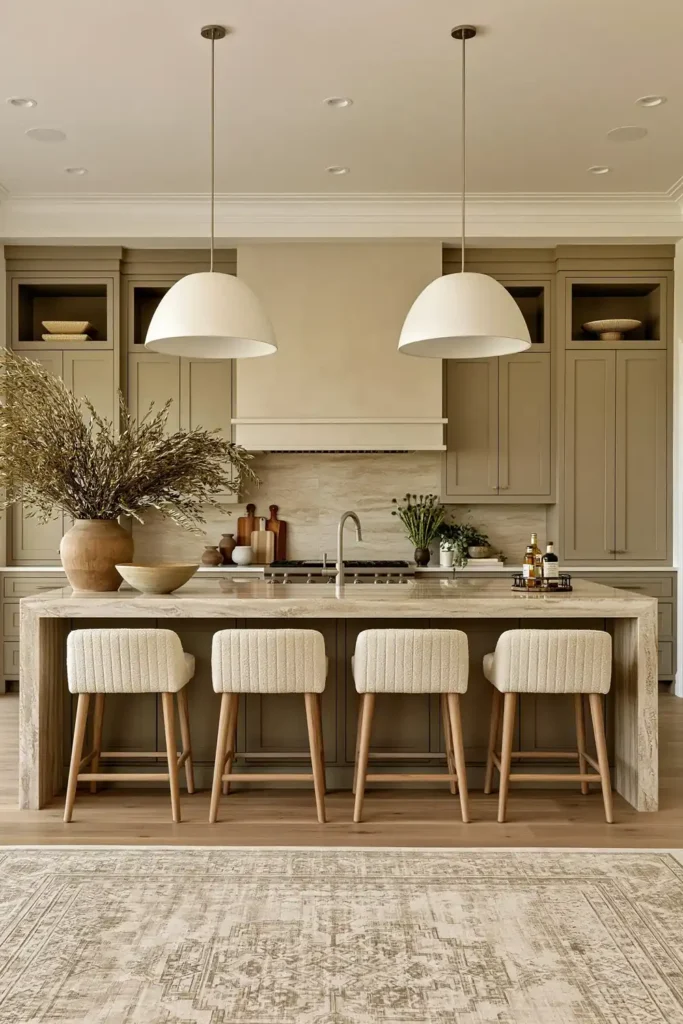 21 Stylish Beige Kitchen Cabinet Ideas for a Warm, Timeless Kitchen 2 Warm greige beige kitchen cabinets with a pale stone island, cream upholstered stools, oversized white pendant lights, plaster hood, greenery, and patterned rug.