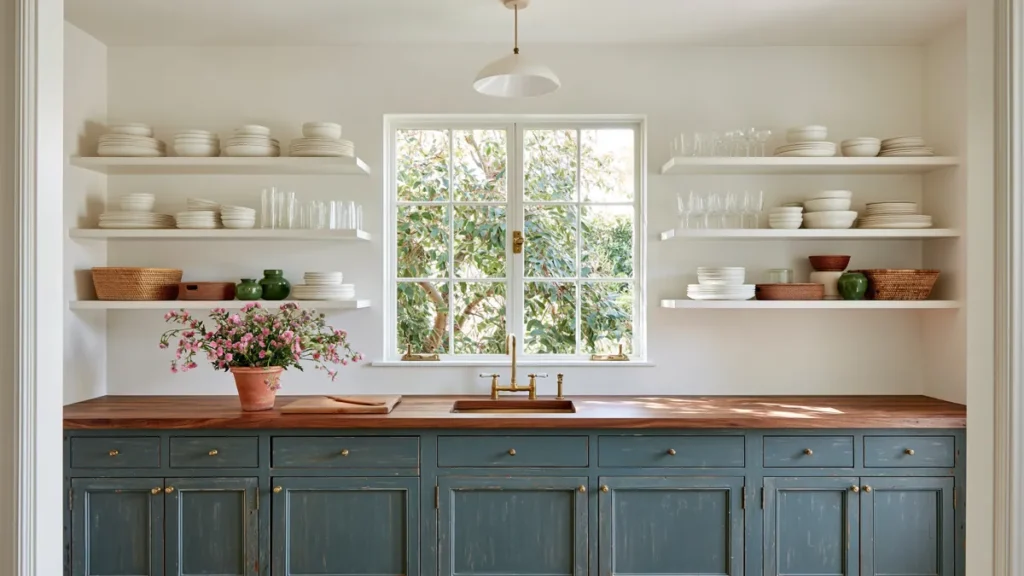 15 Butler’s Pantry Ideas for a Stylish, Functional Space 17 Warm butler’s pantry with navy cabinets, brass fixtures, wood counters, open shelves, white dishes, glassware, woven baskets, greenery, and pink flowers.
Butler’s Pantry Ideas