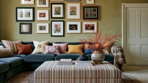 Warm living room with ochre walls, a navy sectional, colorful patterned cushions, gallery artwork, and a striped ottoman.