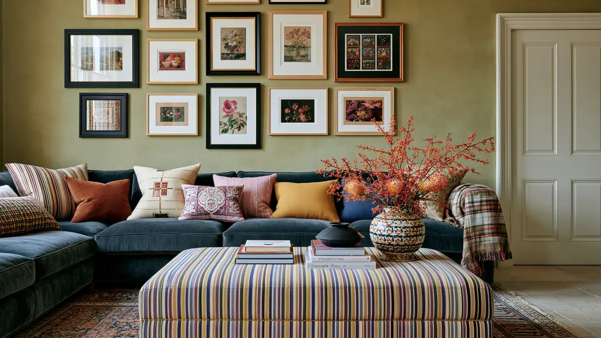 20 Best Living Room Color Combinations for a Warm Feel 1 Warm living room with ochre walls, a navy sectional, colorful patterned cushions, gallery artwork, and a striped ottoman.