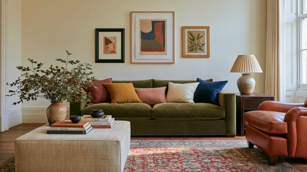 20 Best Living Room Color Combinations for a Warm Feel 22 Warm living room with cream walls, an olive sofa, cognac leather chair, colorful cushions, layered artwork, and a faded patterned rug.
Warm Living Room Color Combinations