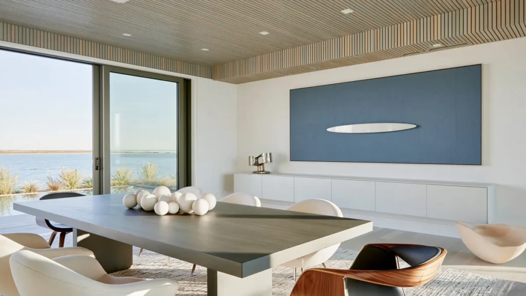 8 Formal Dining Room Ideas That Actually Feel Welcoming 10 Warm modern dining room with a dark wood table, mixed chairs, white spherical centerpiece, pale wood ceiling, and waterfront view.
Formal Dining Room Ideas