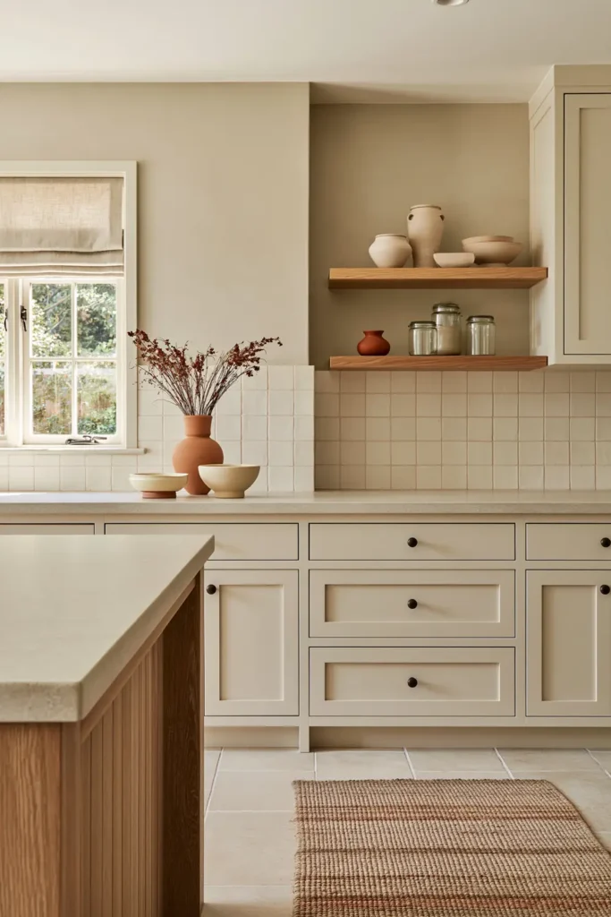 How to Create a Warm Kitchen That Feels Like Home: 18 Warm and Welcoming Ideas 5 Warm neutral kitchen with creamy beige cabinets, taupe walls, terracotta decor, natural wood, and soft filtered daylight.