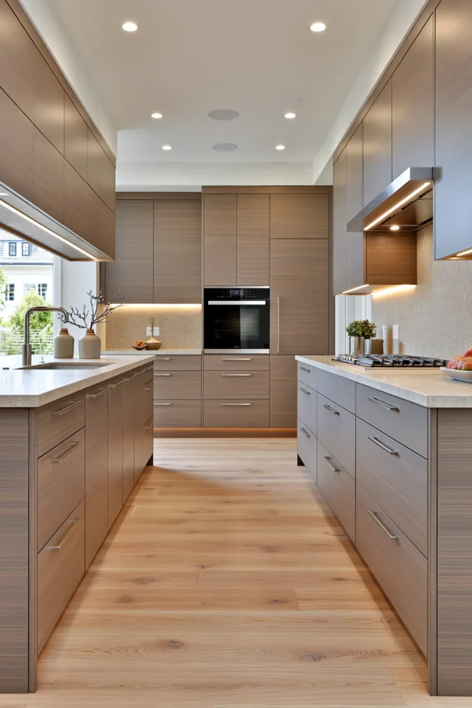 29 Neutral Kitchen Cabinet Ideas for a Calm, Timeless Kitchen 18 Streamlined neutral galley kitchen with warm brown wood-tone cabinets, pale stone counters, textured backsplash, and pale wood flooring.