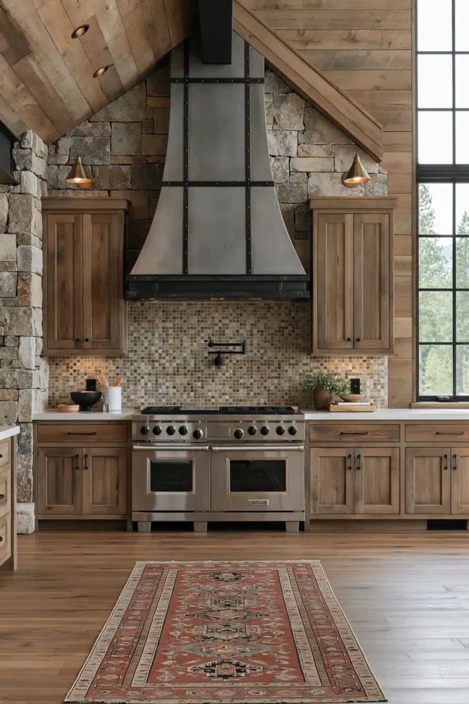 29 Barndominium Kitchen Designs for Rustic, Modern, and Timeless Spaces 17 Warm-toned barndominium kitchen with dark wood cabinets, a stainless range, mosaic backsplash, stacked stone walls, wood ceiling, and patterned runner rug.