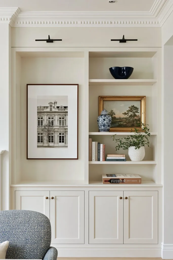 23 Living Room Bookshelf Styling Ideas for a Beautiful, Collected Space 5 Warm white built-ins styled with cobalt blue decor, a blue-and-white ceramic jar, books, framed art, greenery, and black picture lights.