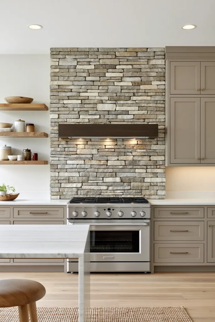 29 Neutral Kitchen Cabinet Ideas for a Calm, Timeless Kitchen 9 Weathered gray-brown kitchen cabinets with a stacked-stone range wall, dark wood mantel, floating shelves, and marble waterfall island.