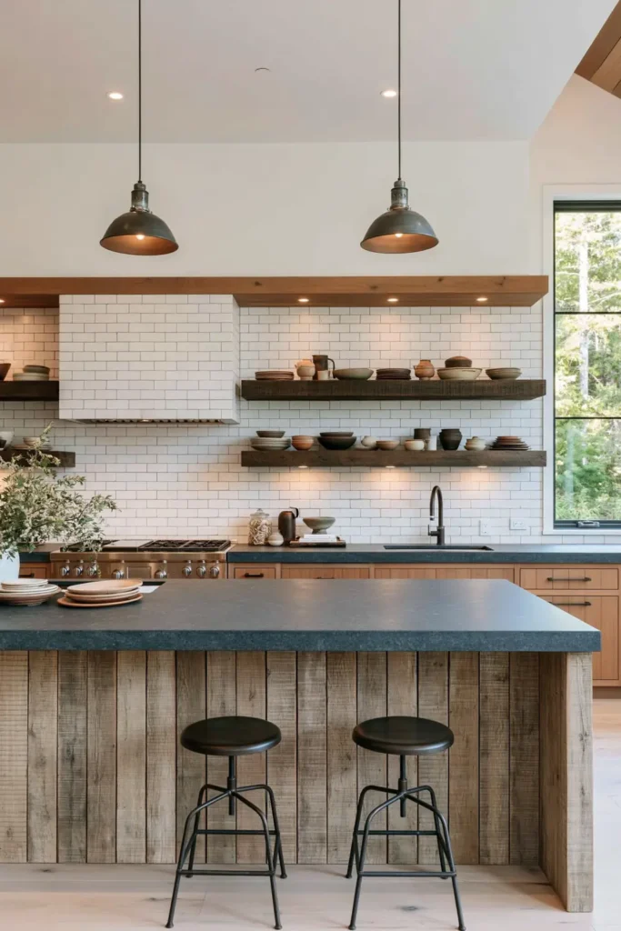 29 Rustic Modern Kitchen Designs That Balance Warmth and Clean Style 5 Rustic modern kitchen with a weathered wood island, charcoal countertop, black stools, open wood shelves, and white subway tile.