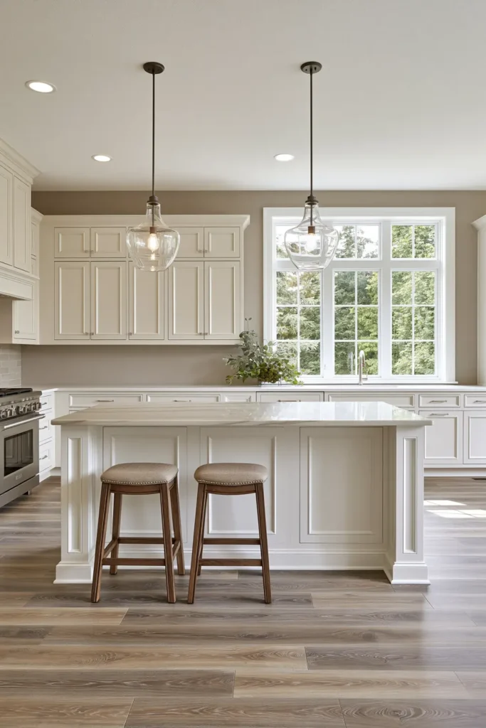 29 Neutral Kitchen Cabinet Ideas for a Calm, Timeless Kitchen 10 Creamy white traditional kitchen cabinets with a pale waterfall island, wood stools, glass pendants, and natural wood flooring.