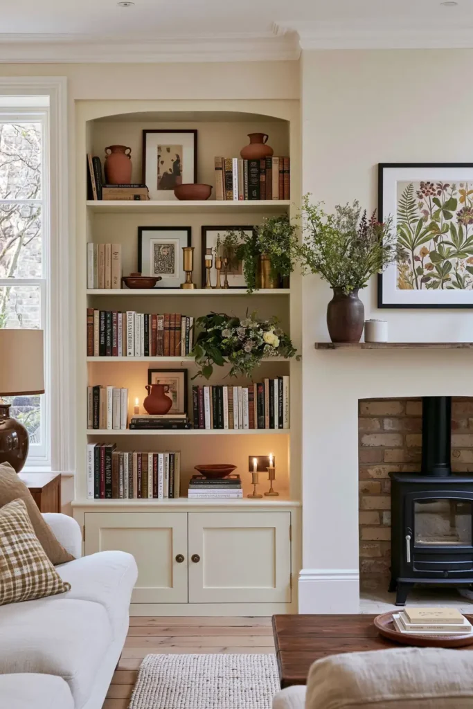 23 Living Room Bookshelf Styling Ideas for a Beautiful, Collected Space 12 White alcove bookshelves against raw plaster walls with books, framed art, terracotta pottery, greenery, brass accents, and a wood-burning stove.