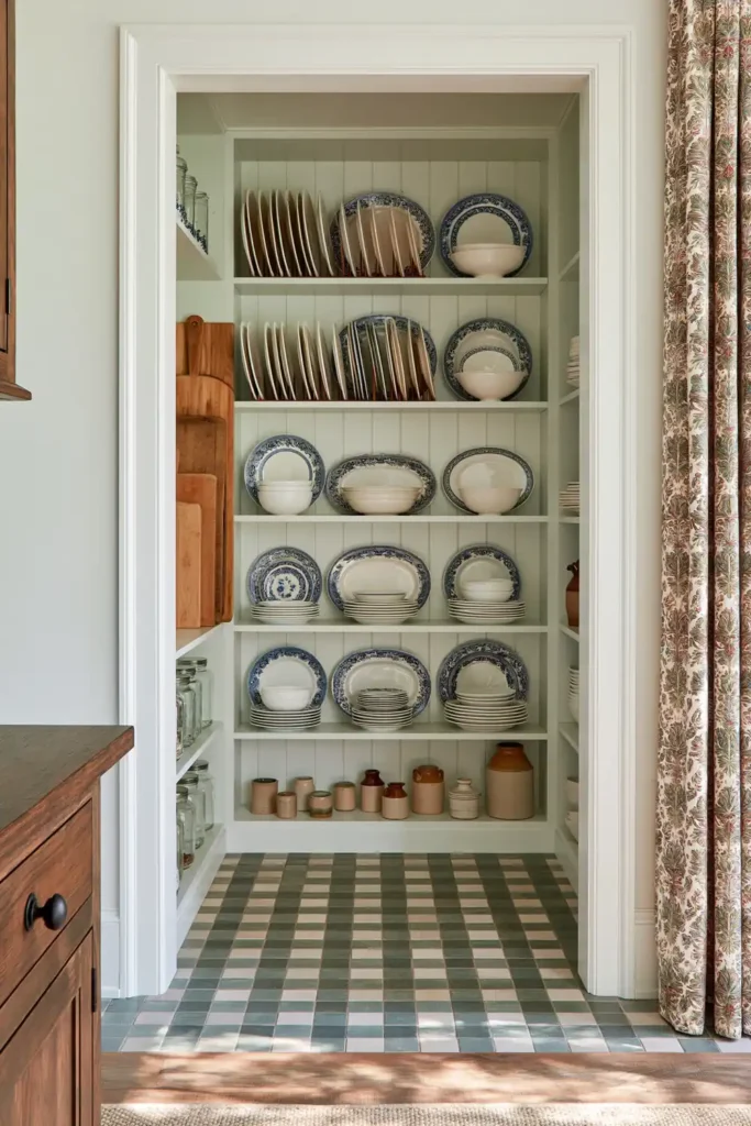 15 Butler’s Pantry Ideas for a Stylish, Functional Space 10 Tall white pantry plate rack with blue-and-white dishes, wood cutting boards, glass jars, ceramic containers, and checked flooring.