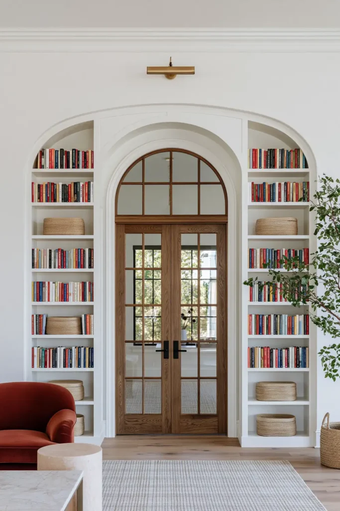 23 Living Room Bookshelf Styling Ideas for a Beautiful, Collected Space 13 Floor-to-ceiling white built-ins framing an arched doorway with colorful books, woven baskets, oak glass doors, a rust-red chair, and brass accents.