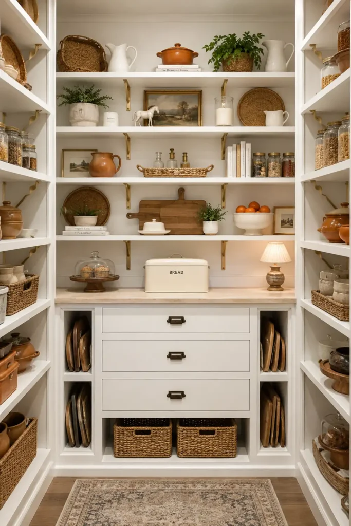 15 Butler’s Pantry Ideas for a Stylish, Functional Space 2 Compact white butler’s pantry with open display shelving, labeled drawers, woven baskets, pottery, glass jars, and serving pieces.