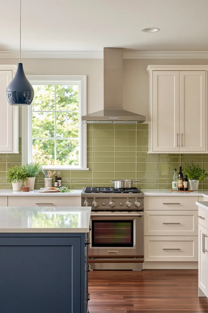 29 Neutral Kitchen Cabinet Ideas for a Calm, Timeless Kitchen 16 Glossy white flat-panel kitchen cabinets with a bright blue island, lime-green tile backsplash, stainless range, and dark wood floor.