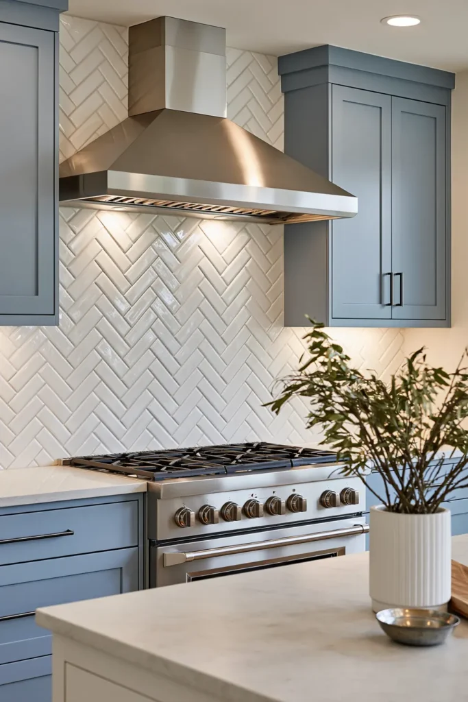 Glass Tile Backsplash Kitchen Ideas for Color, Texture, and Shine 9 Modern kitchen with glossy white herringbone glass mosaic tile, pale gray cabinetry, stainless hood, and stone countertop.