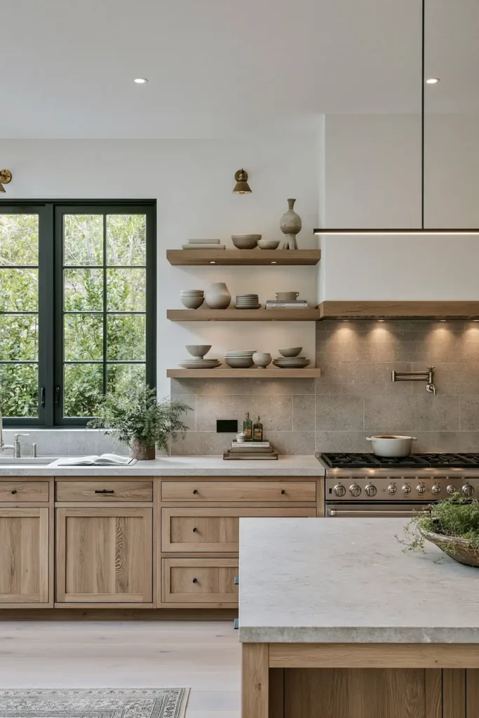 29 Rustic Modern Kitchen Designs That Balance Warmth and Clean Style 4 Minimalist rustic modern kitchen with white oak floating shelves, flat-panel cabinets, pale stone surfaces, and simple neutral ceramics.