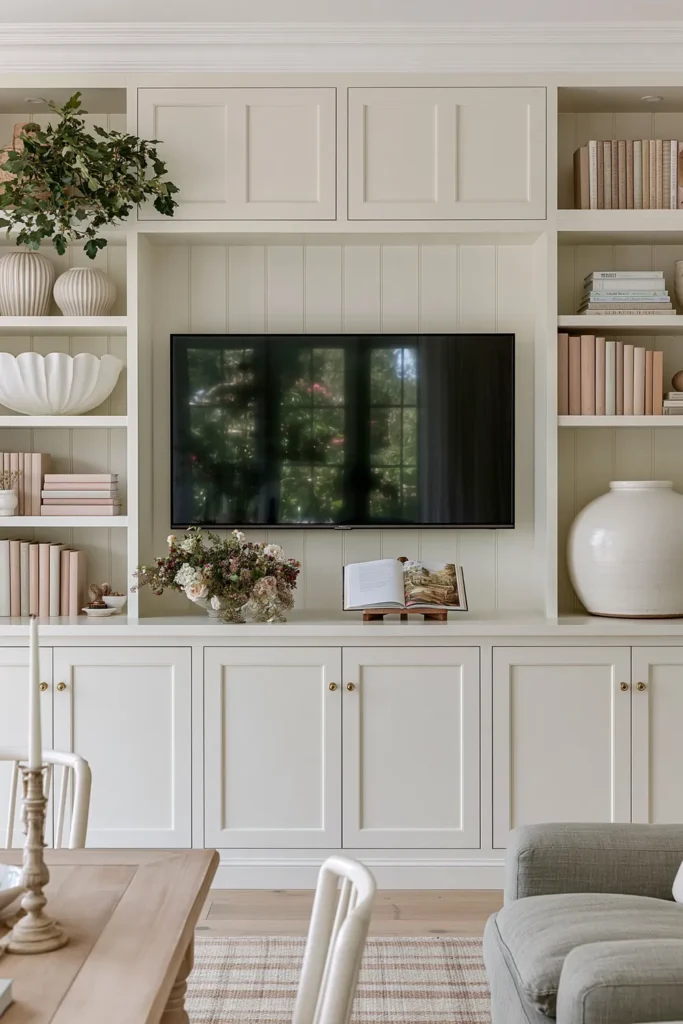 23 Living Room Bookshelf Styling Ideas for a Beautiful, Collected Space 10 White shaker living room bookshelves with tongue-and-groove backing, neutral ceramics, pale books, flowers, greenery, and a rounded ceramic lamp.