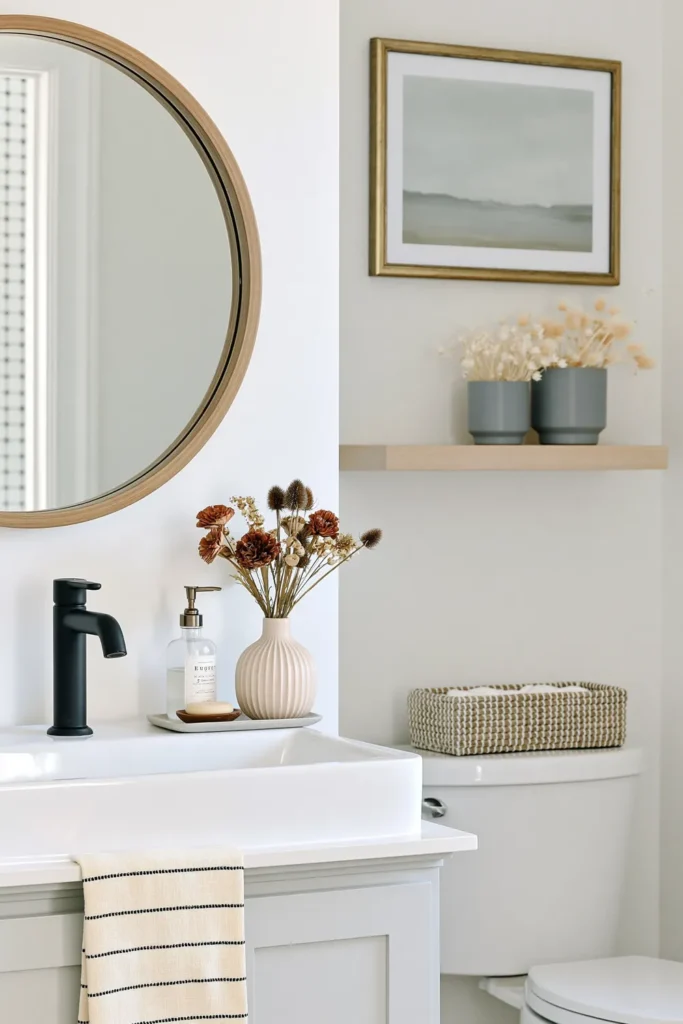 21 Guest Bathroom Decorating Ideas for a Friendly Space 5 Neutral guest bathroom with a round wood mirror, matte-black faucet, dried flowers, floating shelf, and woven toilet-paper basket.