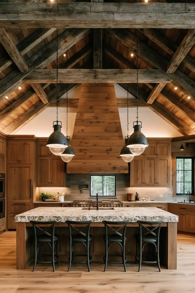 29 Barndominium Kitchen Designs for Rustic, Modern, and Timeless Spaces 8 Wood beam barndominium kitchen with exposed timber trusses, a large wood island, light stone countertop, dark X-back stools, and industrial glass pendants.