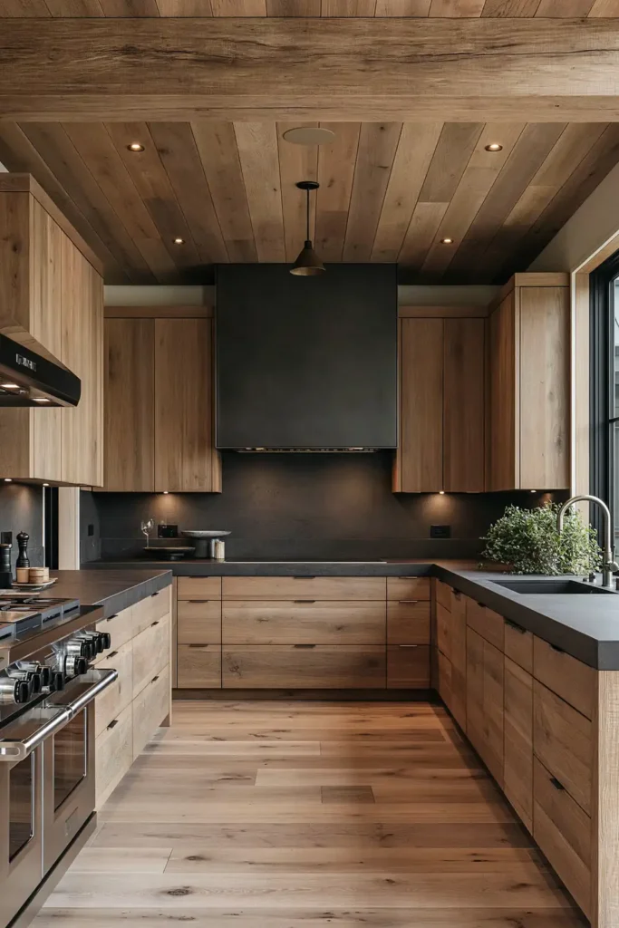 29 Rustic Modern Kitchen Designs That Balance Warmth and Clean Style 15 Narrow rustic modern galley kitchen with warm wood cabinetry, charcoal counters, a matte black range hood, and light wide-plank flooring.