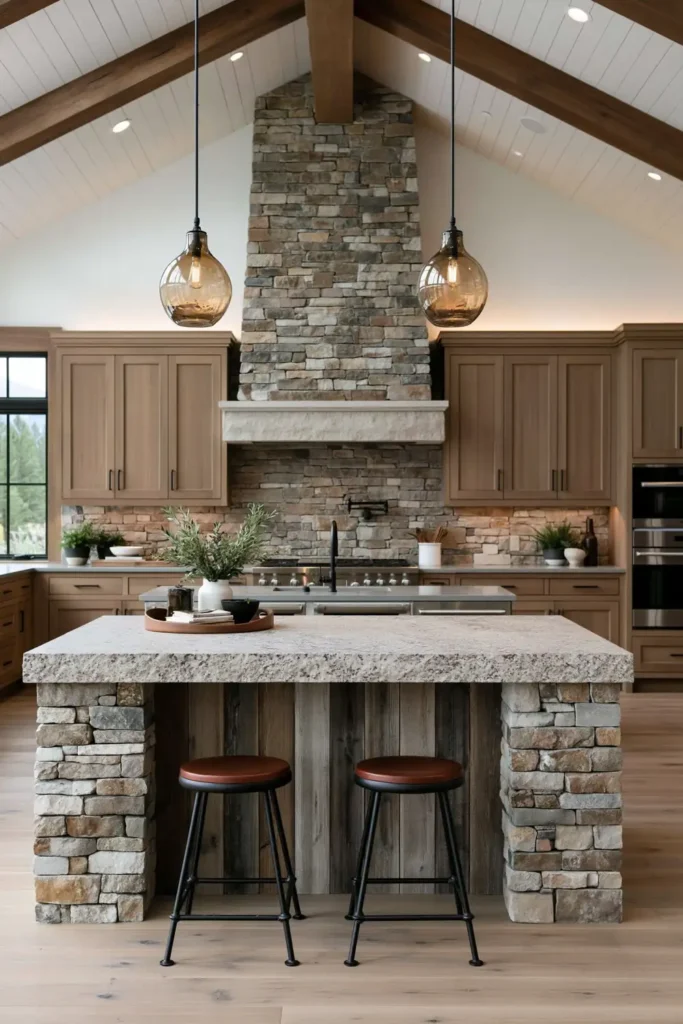 29 Rustic Modern Kitchen Designs That Balance Warmth and Clean Style 8 Rustic modern kitchen with a weathered wood and stacked stone island, speckled stone counter, black stools, and amber glass pendants.