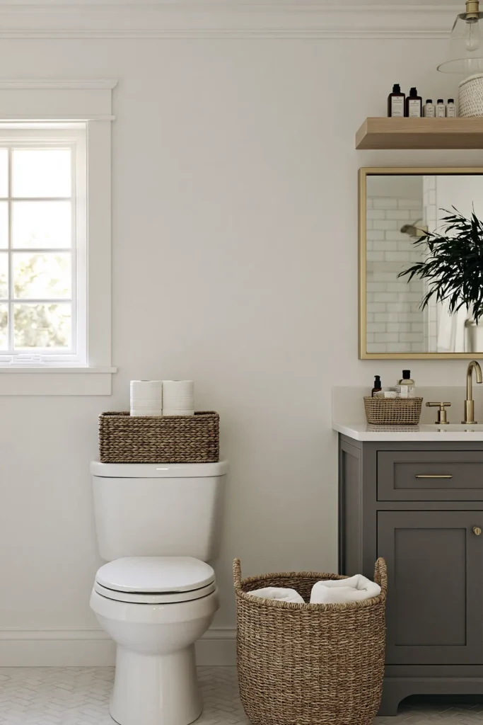 21 Guest Bathroom Decorating Ideas for a Friendly Space 14 Guest bathroom with woven baskets holding toilet paper, folded white towels, and spare toiletries.