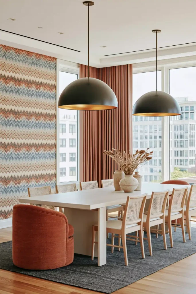 8 Formal Dining Room Ideas That Actually Feel Welcoming 5 Eclectic dining room with multicolored zigzag wallpaper, coral curtains, cane-back chairs, black dome pendants, and a charcoal rug.