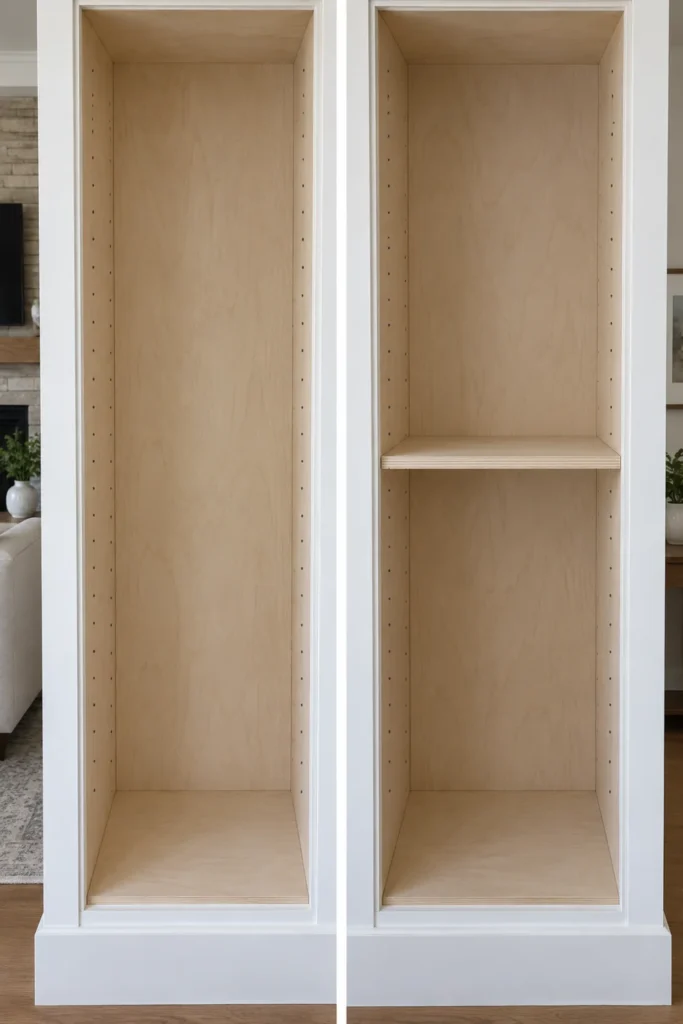 DIY Family Room Built-In Shelves: 5 Practical Design Ideas 6 Adjustable plywood end shelving with vertical shelf-pin holes, removable shelf placement, and white-painted outer trim.