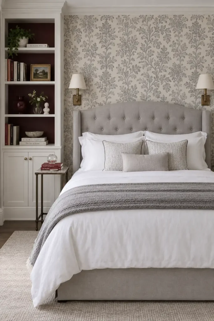 12 Book Storage and Styling Ideas for a Beautiful, Organized Home 5 Small bedroom with fitted white alcove bookshelves, closed cupboards, patterned wallpaper, and a pale upholstered bed.