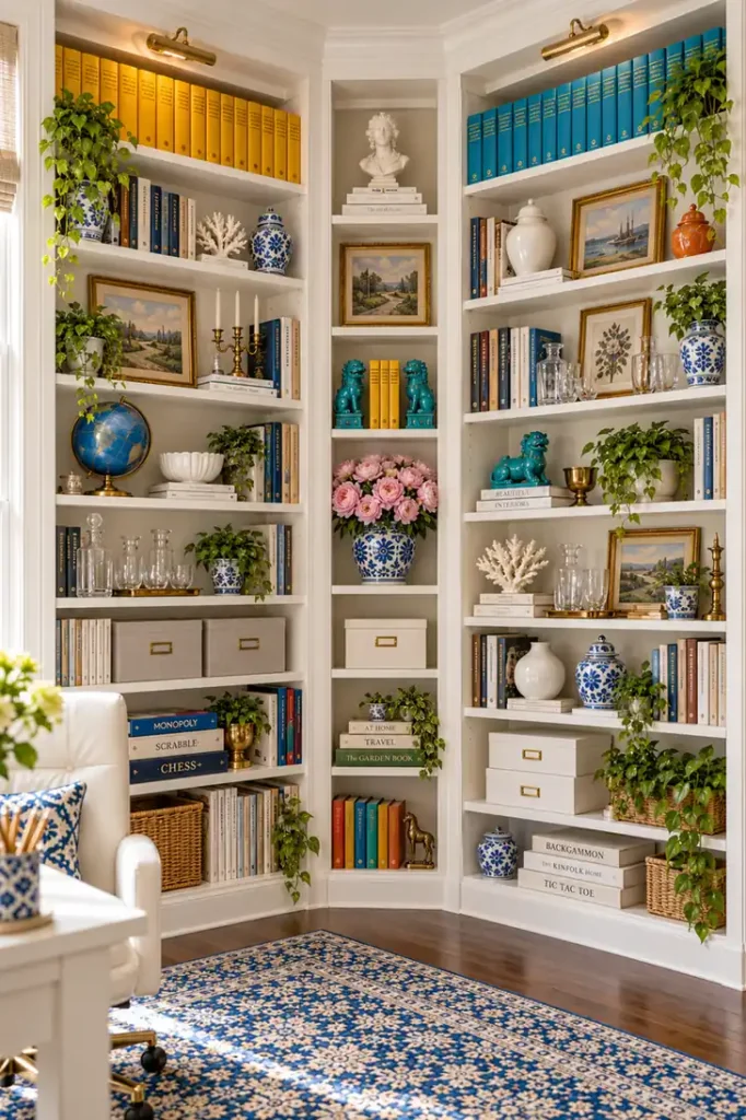 DIY Billy Bookcase Corner Built-In Ideas for a Collected Home Library 3 Angled Billy bookcase corner built-in with a narrow white center tower, turquoise ceramic figures, pink flowers, books, glassware, and collected decor.