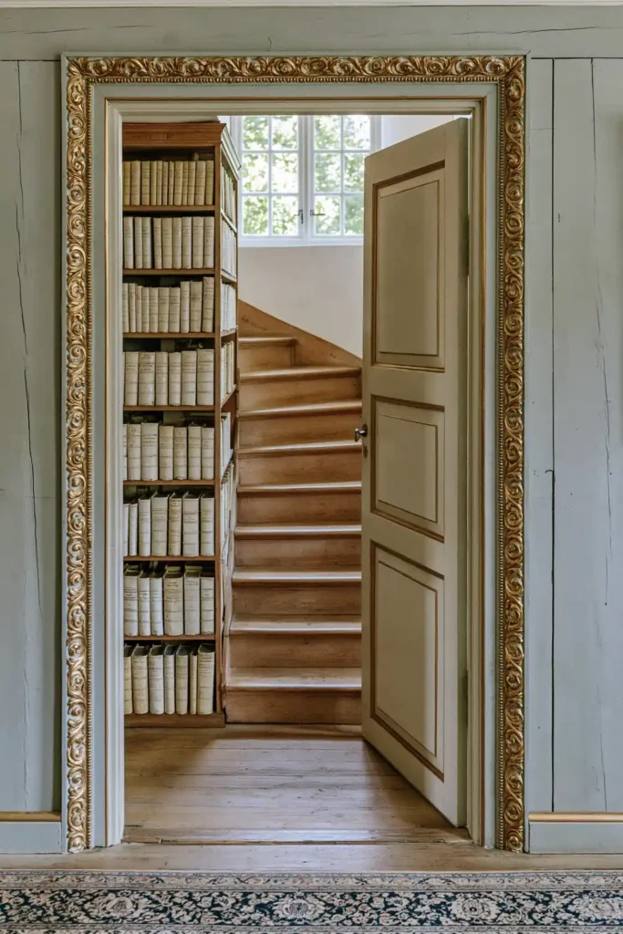 18 Secret Door Ideas That Fit Beautifully Into Your Home 5 Antique pale gray bookcase door opening to curved wooden stairs, aged books, and ornate gold-trimmed paneling.