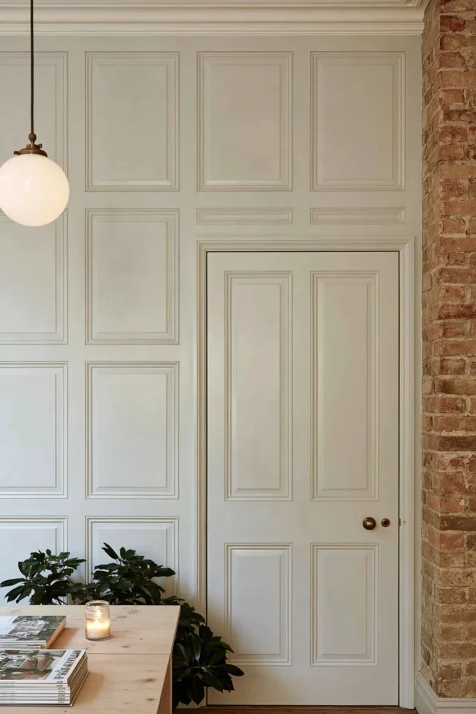 18 Secret Door Ideas That Fit Beautifully Into Your Home 12 Pale paneled jib door beside an exposed brick wall with brass hardware, a wood counter, and a leafy plant.