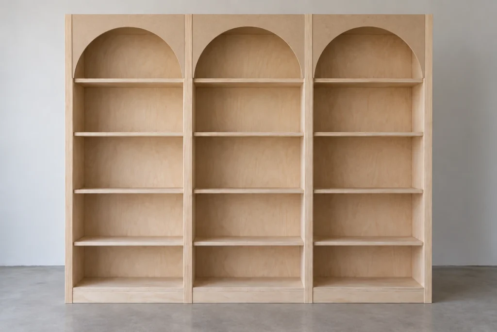 How to Plan and Build an Arched Built-In Bookcase With Display Shelves 6 Matching MDF arch faces dry-fitted to the front of a three-bay bookcase