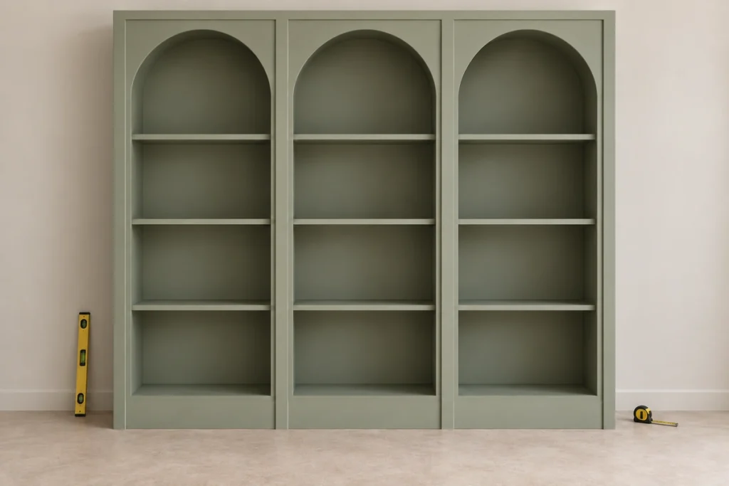 How to Plan and Build an Arched Built-In Bookcase With Display Shelves 10 Finished sage bookcase checked for aligned arches, level shelves, and even front stiles