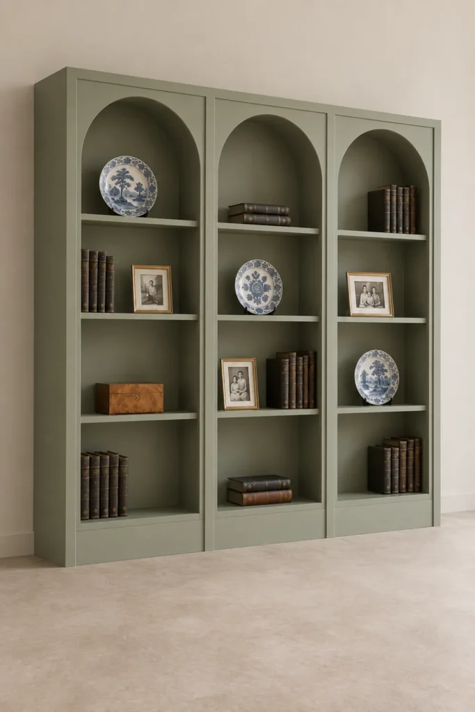 How to Plan and Build an Arched Built-In Bookcase With Display Shelves 11 Three-quarter view of a muted sage arched bookcase with books, family frames, and porcelain displays