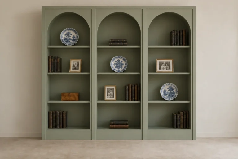 How to Plan and Build an Arched Built-In Bookcase With Display Shelves 5 Arched built-in bookcase in muted sage with three display bays, books, family photos, and porcelain plates