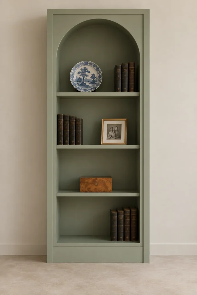 How to Plan and Build an Arched Built-In Bookcase With Display Shelves 9 Muted sage arched bookcase shelf styled with books, a family photo, porcelain, and a burlwood box